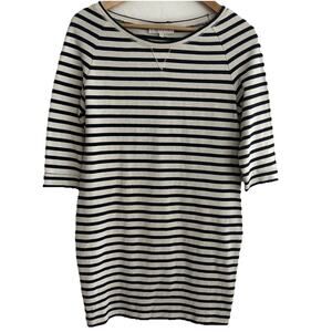 SANDRO Black Cream S Striped Shift Dress Leather 3/4 Sleeve Paris Coastal
